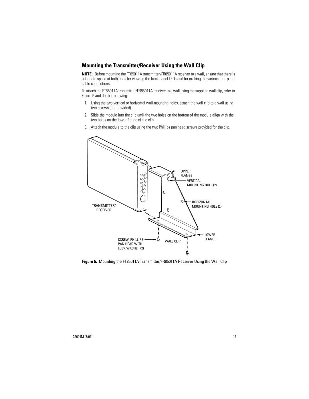 Pelco FR85011A manual Mounting the Transmitter/Receiver Using the Wall Clip 