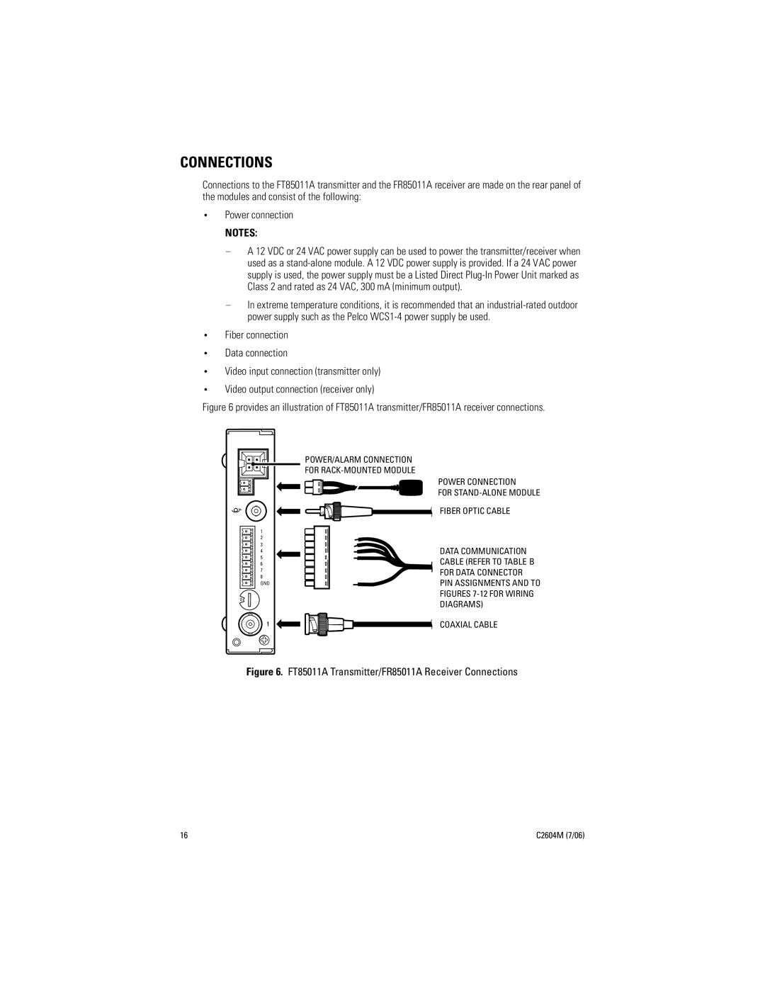 Pelco FR85011A manual Connections, Figures 7-12 for Wiring Diagrams Coaxial Cable 