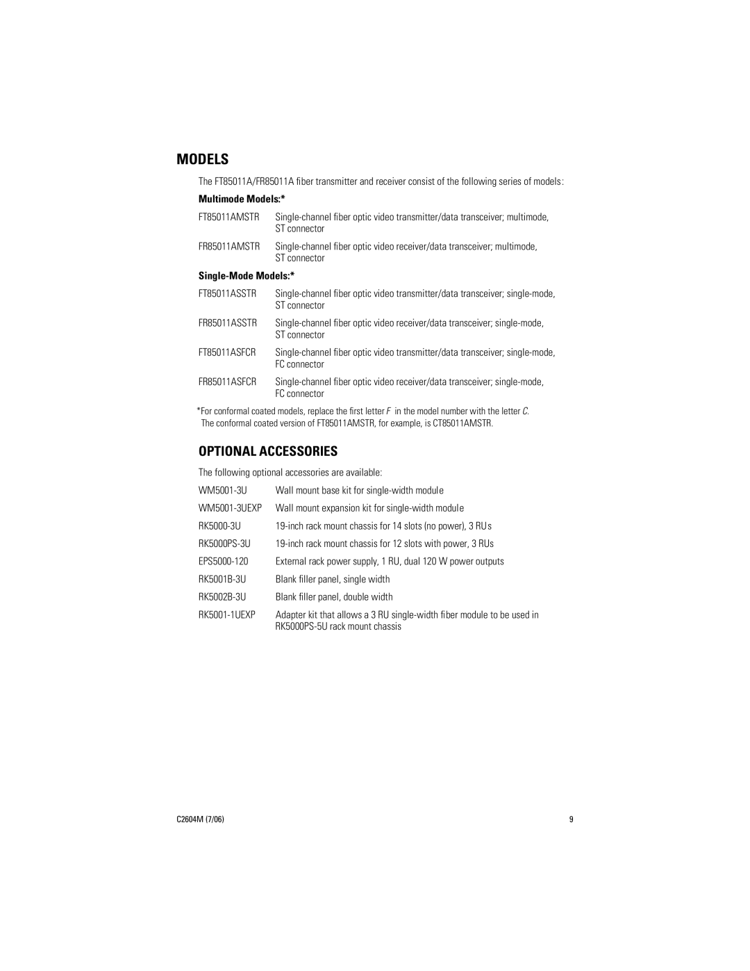 Pelco FR85011A manual Multimode Models, Single-Mode Models 