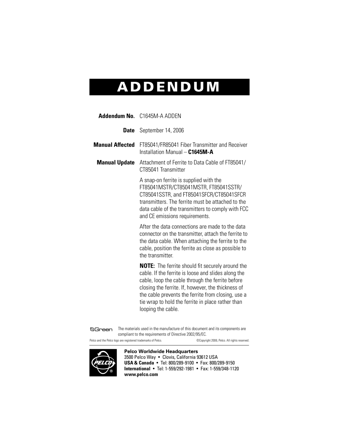 Pelco FR85041 installation manual Addendum 