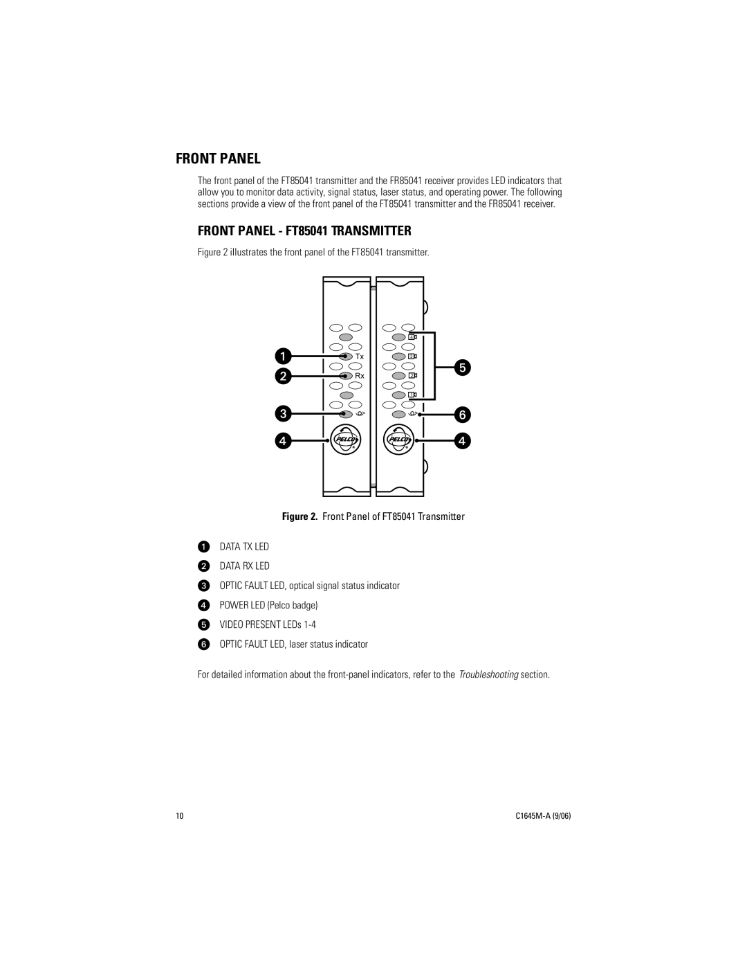 Pelco FR85041 installation manual Front Panel FT85041 Transmitter 