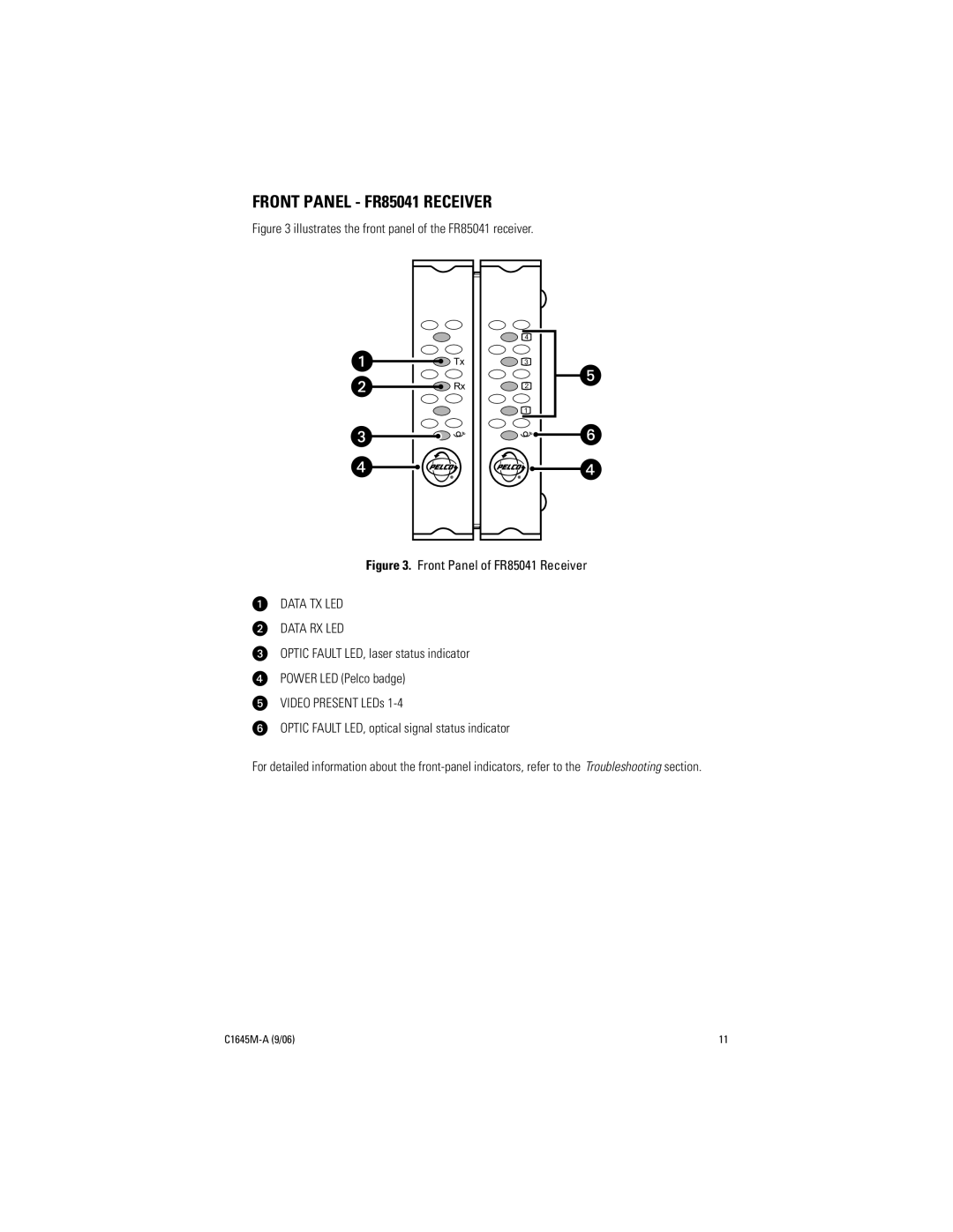 Pelco installation manual Front Panel FR85041 Receiver, Illustrates the front panel of the FR85041 receiver 