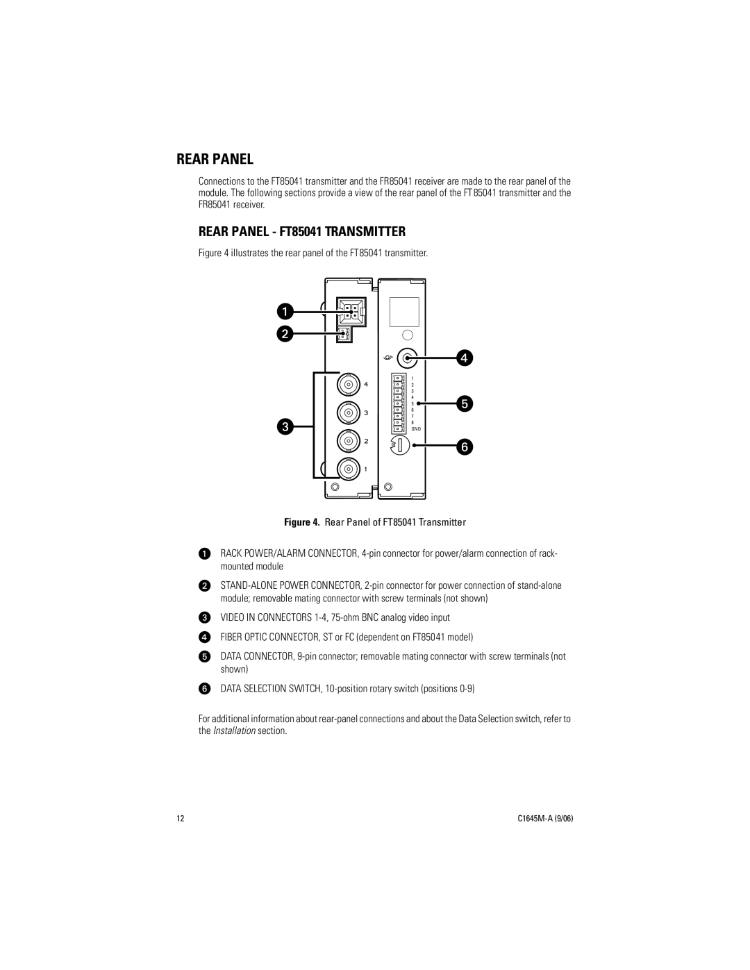 Pelco FR85041 installation manual Rear Panel FT85041 Transmitter 