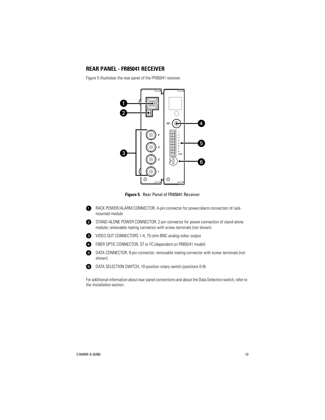 Pelco installation manual Rear Panel FR85041 Receiver, Illustrates the rear panel of the FR85041 receiver 