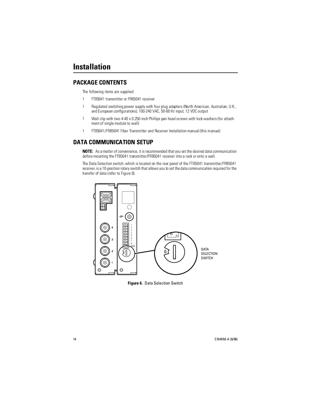 Pelco FR85041 installation manual Installation, Package Contents, Data Communication Setup 