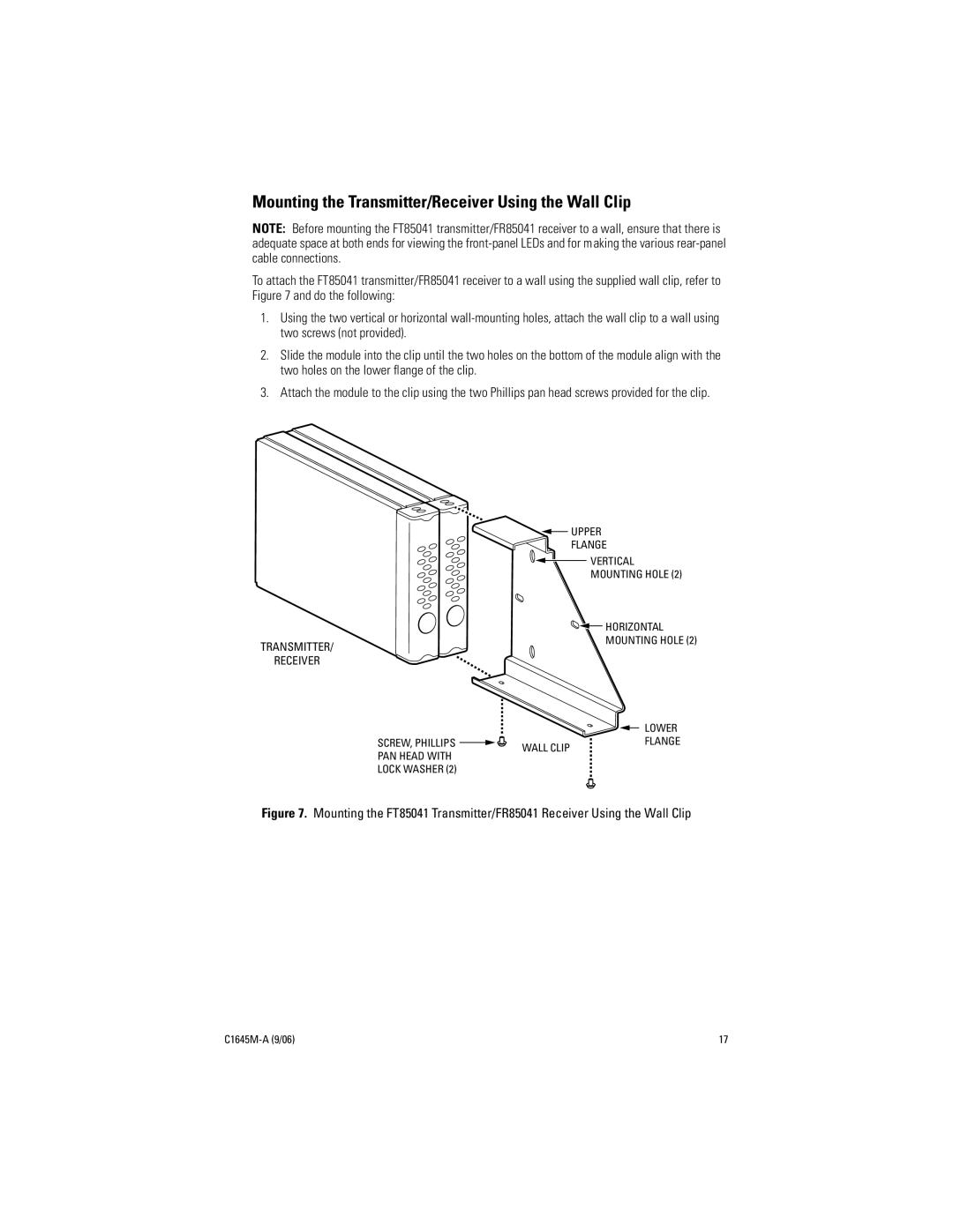 Pelco FR85041 installation manual Mounting the Transmitter/Receiver Using the Wall Clip 