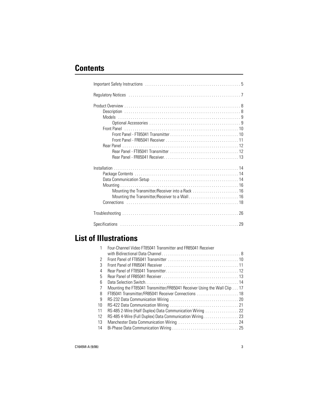 Pelco FR85041 installation manual Contents, List of Illustrations 