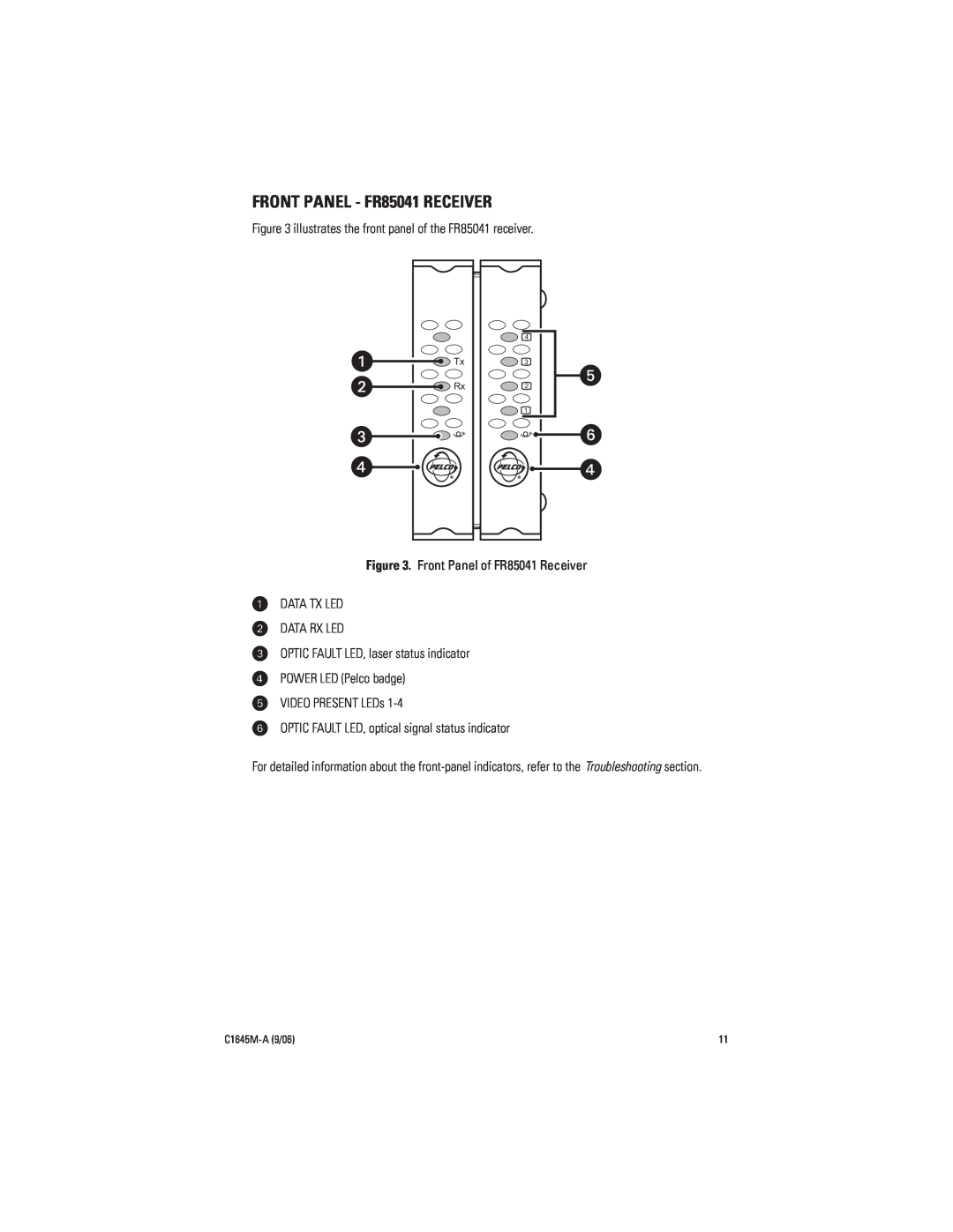 Pelco installation manual FRONT PANEL - FR85041 RECEIVER, Front Panel of FR85041 Receiver, Data Tx Led Data Rx Led 
