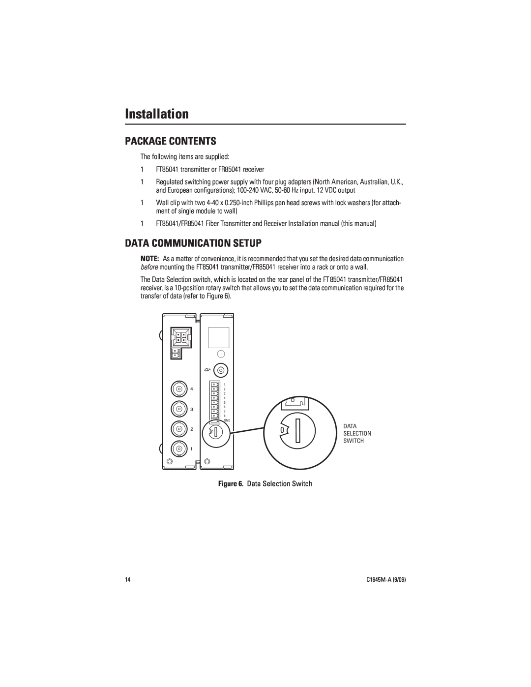 Pelco FR85041 installation manual Installation, Package Contents, Data Communication Setup 