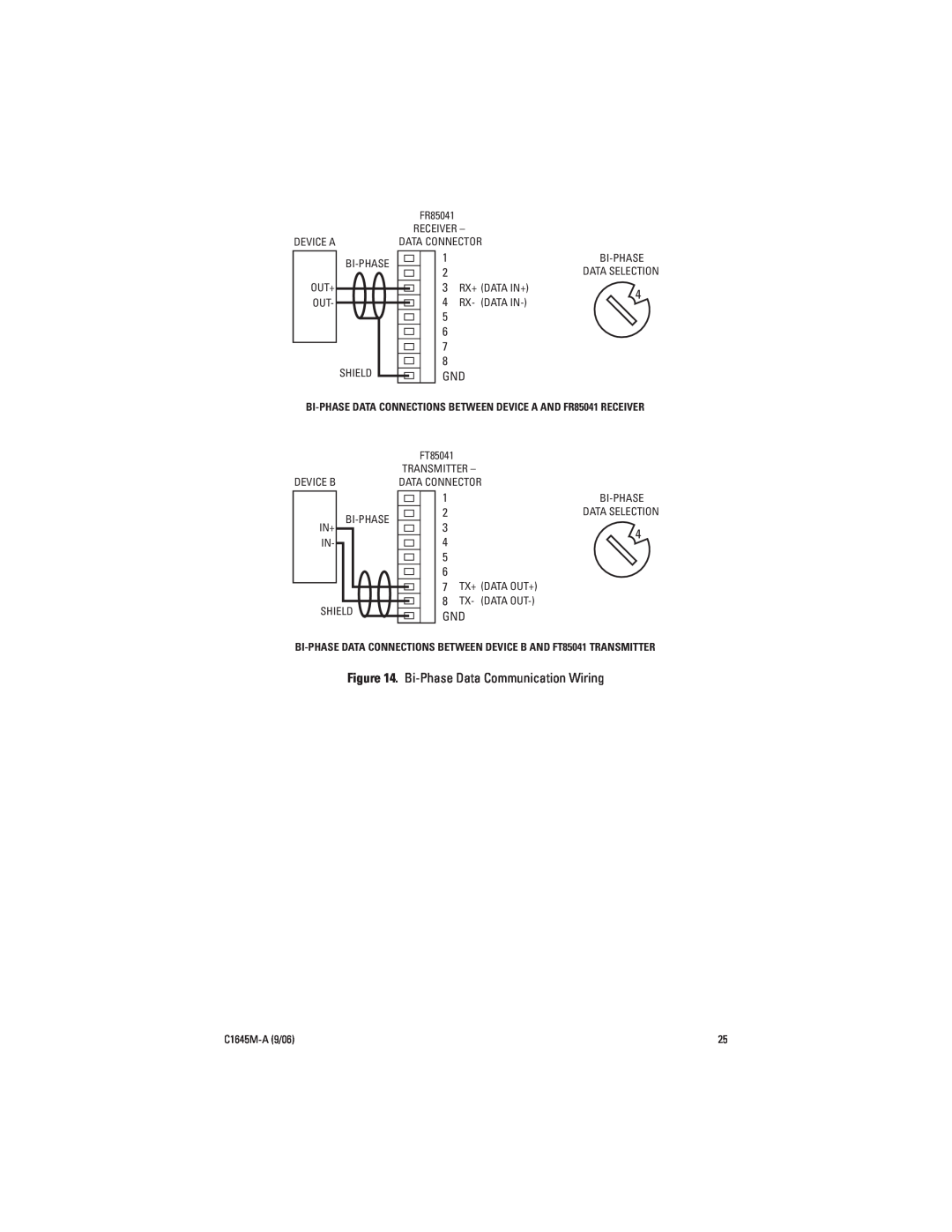 Pelco FR85041 installation manual Bi-PhaseData Communication Wiring 