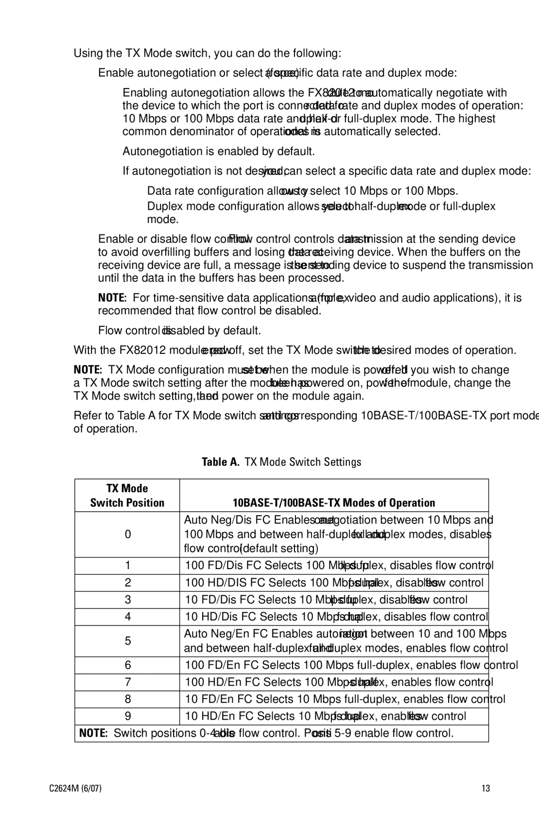 Pelco FX82012 Autonegotiation is enabled by default, Flow control is disabled by default, Flow control default setting 