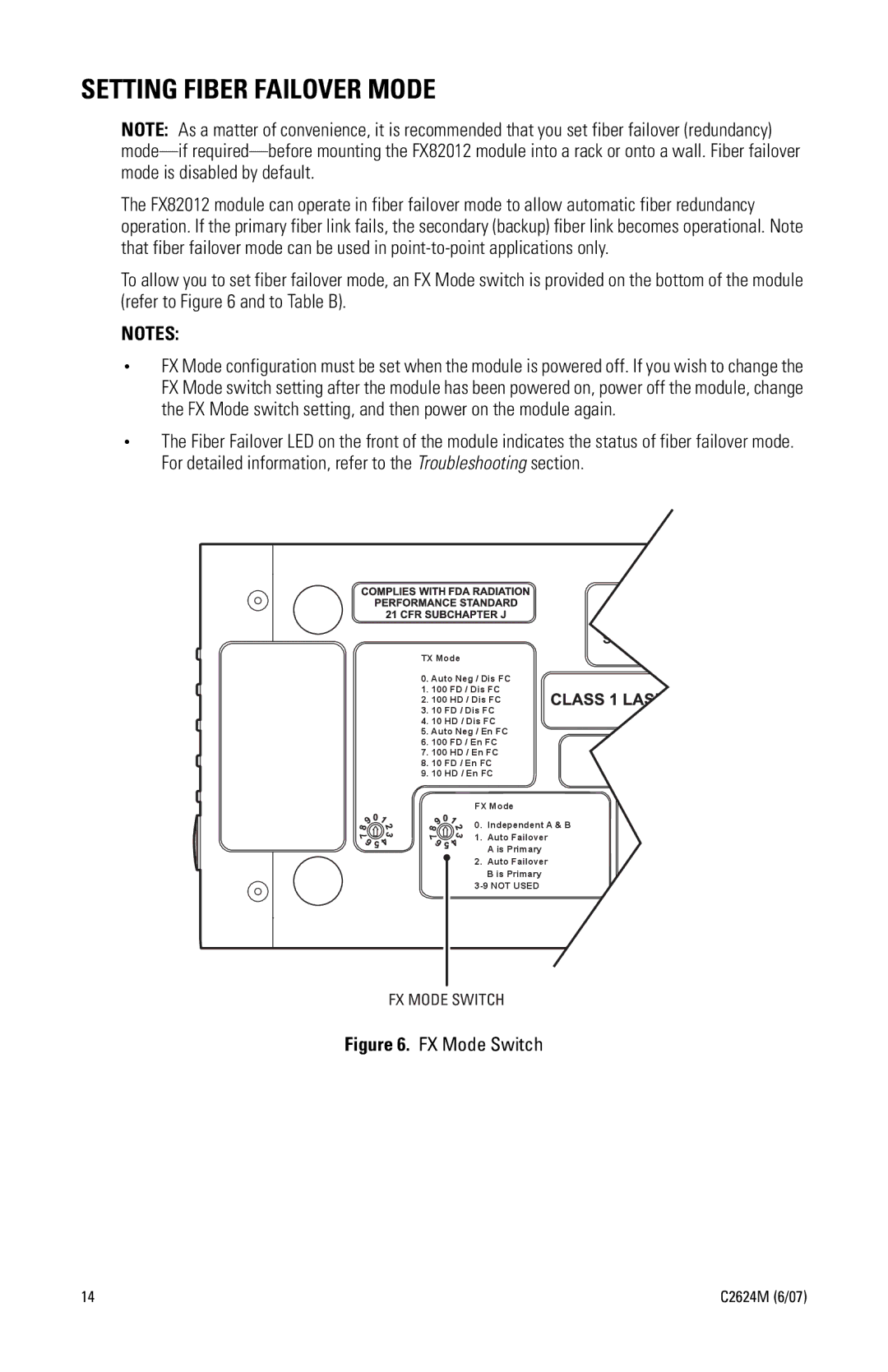 Pelco FX82012 manual Setting Fiber Failover Mode, FX Mode Switch 