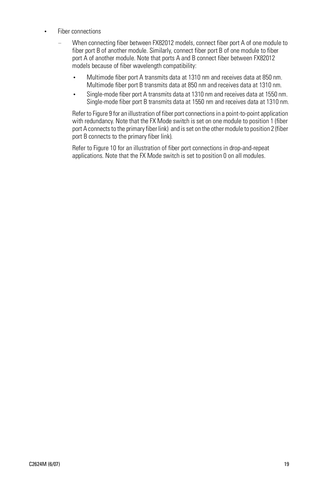 Pelco FX82012 manual Fiber connections 