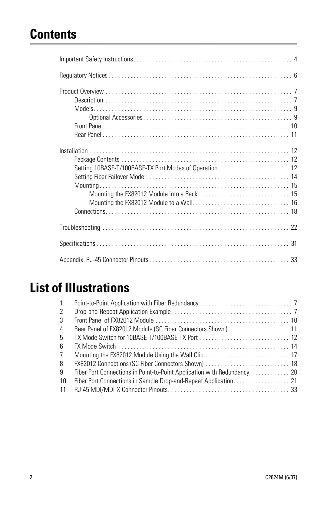 Pelco FX82012 manual Contents, List of Illustrations 