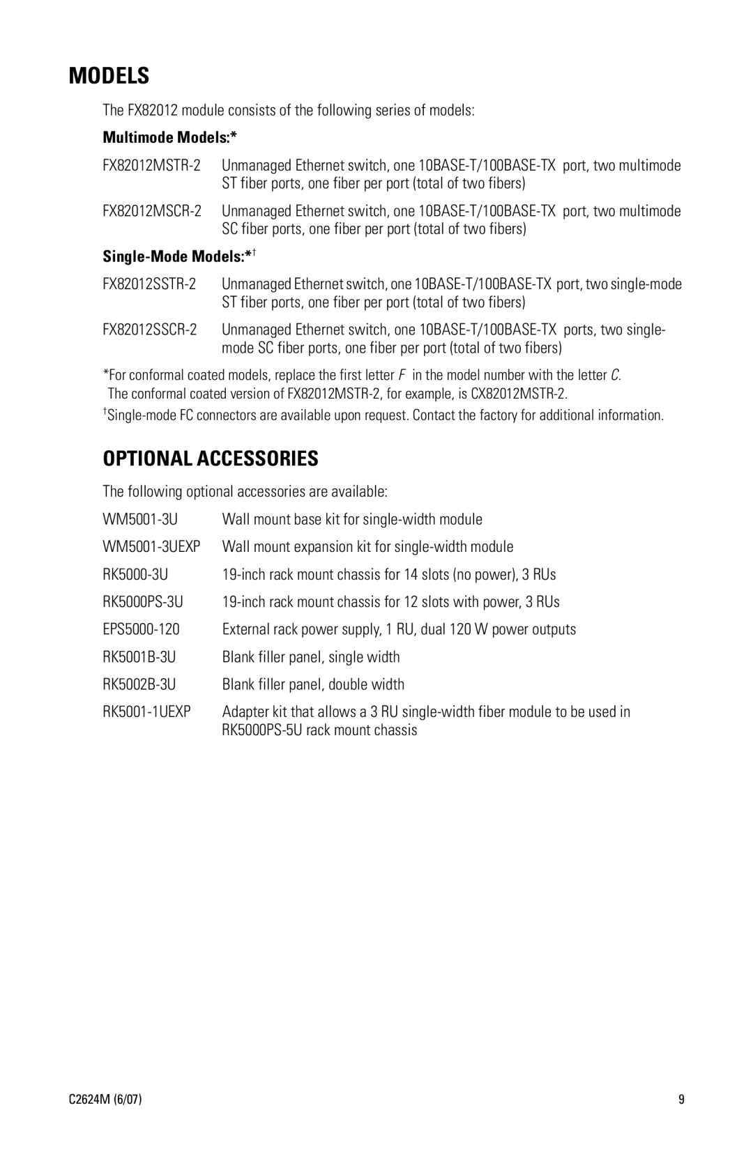 Pelco manual FX82012 module consists of the following series of models, Multimode Models, Single-Mode Models*† 