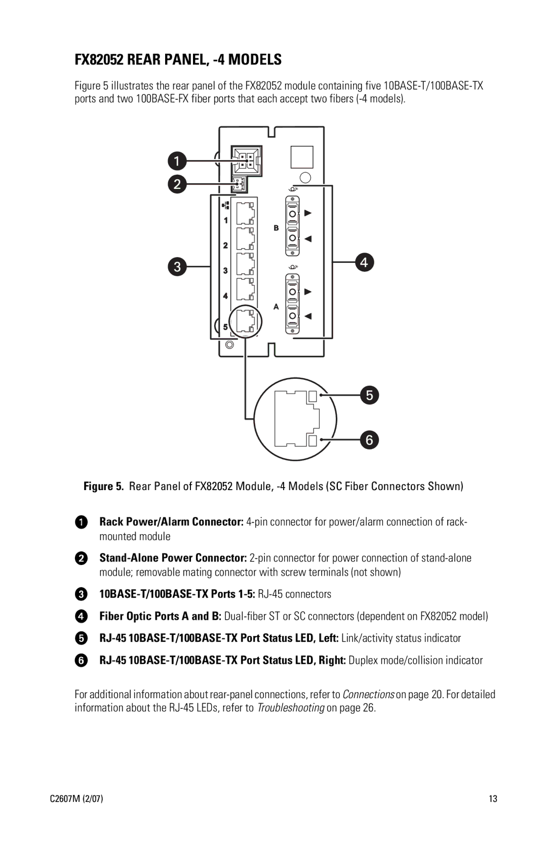 Pelco manual FX82052 Rear PANEL, -4 Models, 10BASE-T/100BASE-TX Ports 1-5 RJ-45 connectors 