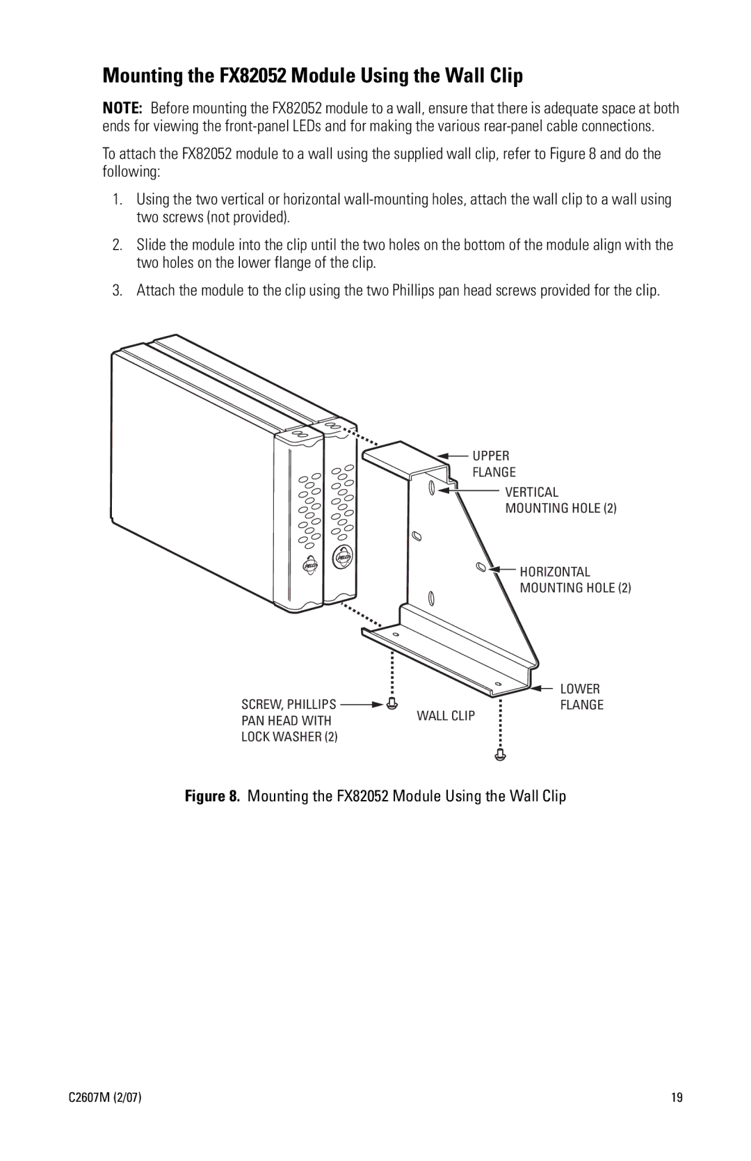 Pelco manual Mounting the FX82052 Module Using the Wall Clip 