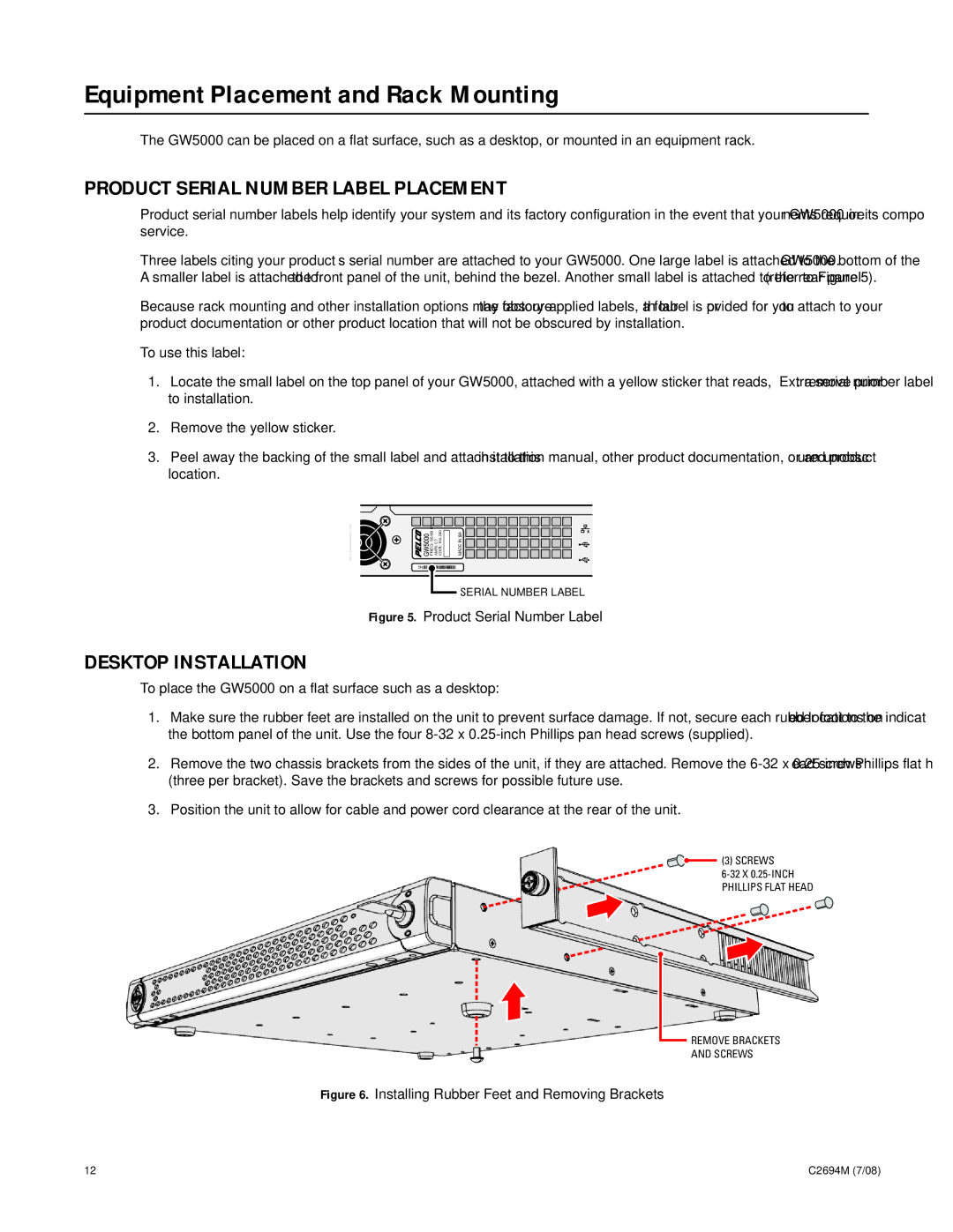 Pelco GW5000 manual Equipment Placement and Rack Mounting, Product Serial Number Label Placement, Desktop Installation 