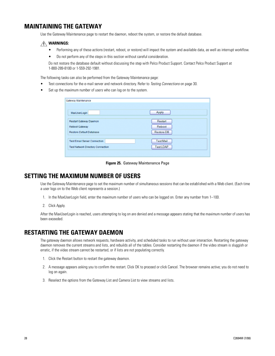 Pelco GW5000 manual Maintaining the Gateway, Setting the Maximum Number of Users, Restarting the Gateway Daemon 