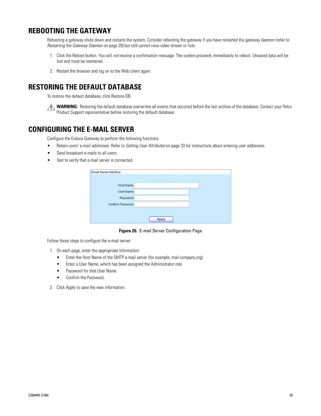 Pelco GW5000 manual Rebooting the Gateway, Restoring the Default Database, Configuring the E-MAIL Server 