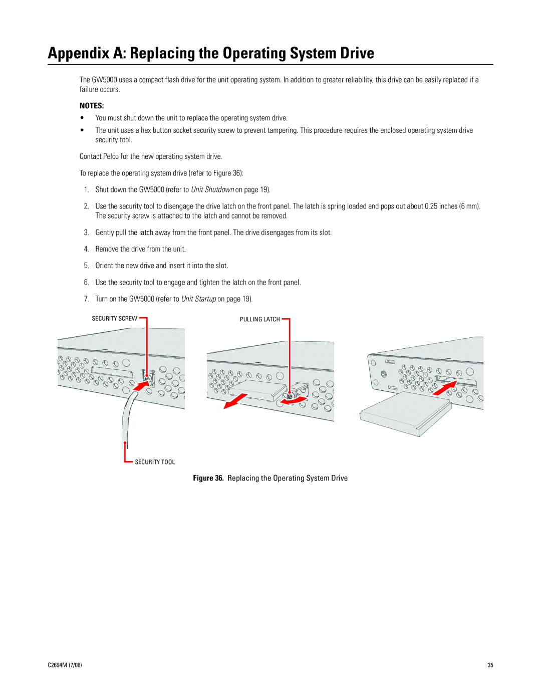 Pelco GW5000 manual Appendix a Replacing the Operating System Drive 