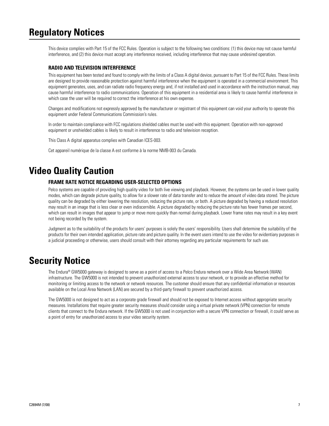 Pelco GW5000 manual Regulatory Notices, Video Quality Caution, Security Notice 