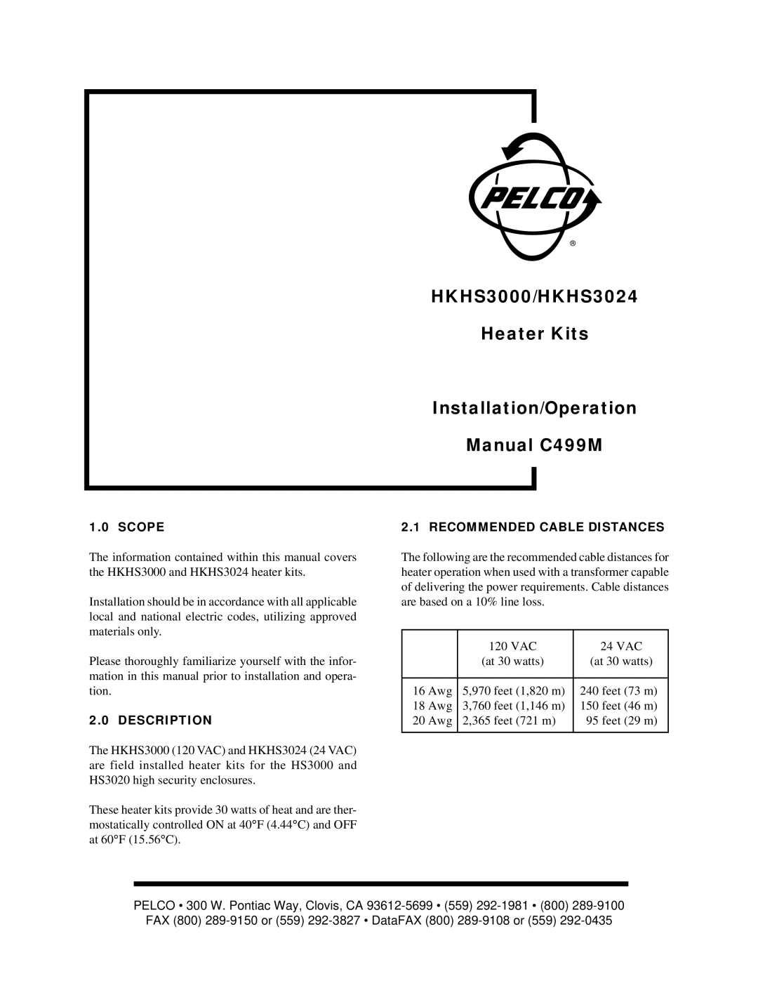 Pelco HKHS3024 operation manual Scope, Description, Recommended Cable Distances 