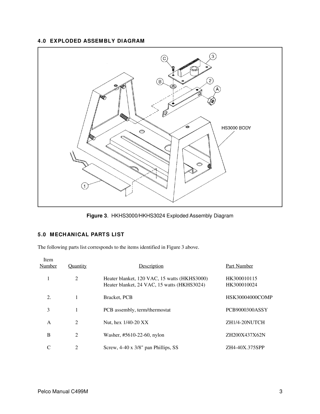 Pelco HKHS3024 operation manual Exploded Assembly Diagram, Mechanical Parts List 