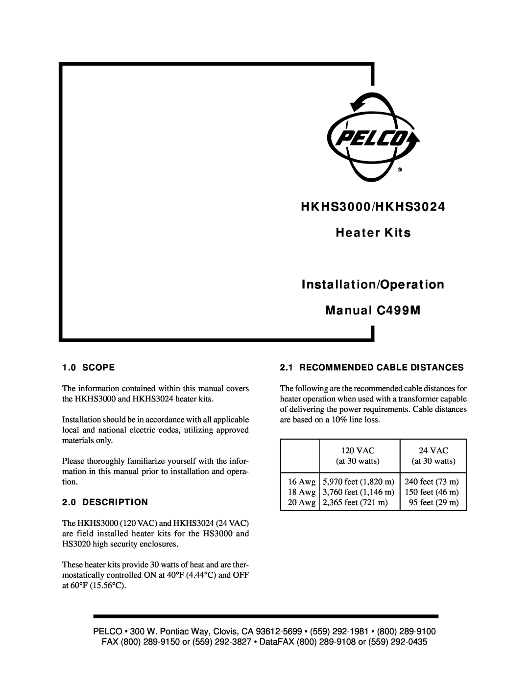Pelco operation manual Scope, Description, Recommended Cable Distances, HKHS3000/HKHS3024, Heater Kits, Manual C499M 