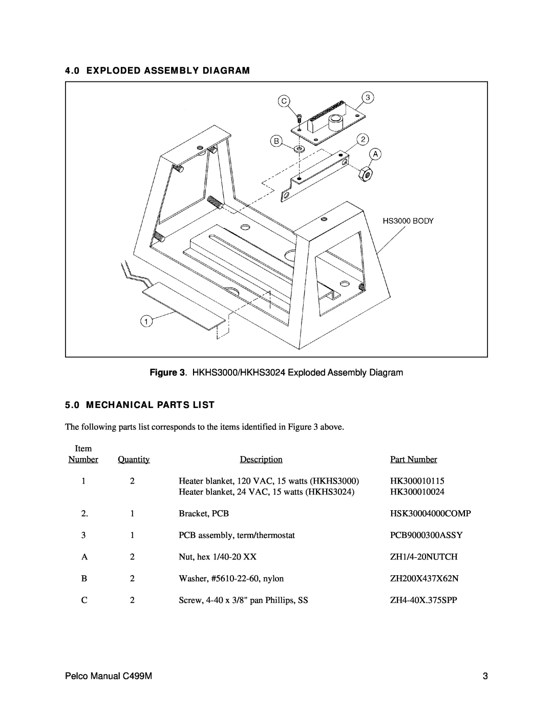 Pelco HKHS3024 operation manual Exploded Assembly Diagram, Mechanical Parts List 