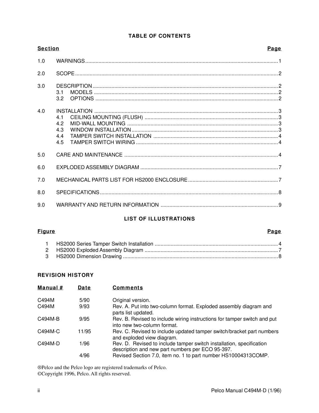 Pelco HS2000 operation manual Table of Contents, List of Illustrations, Revision History 