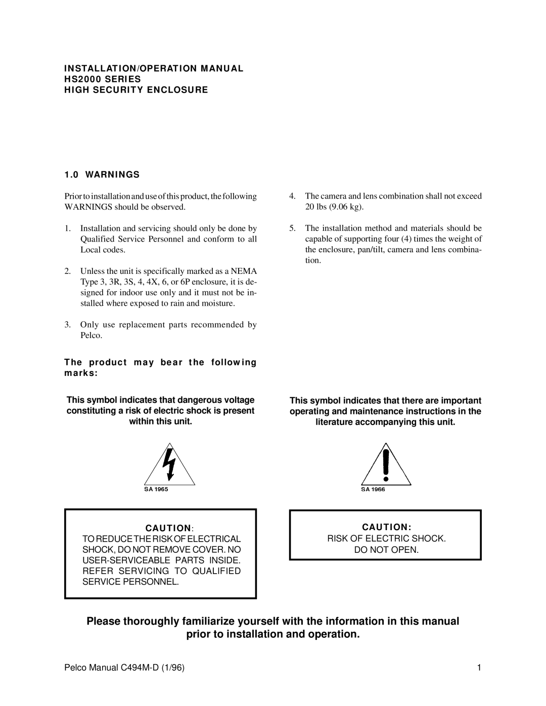 Pelco HS2000 operation manual High Security Enclosure 