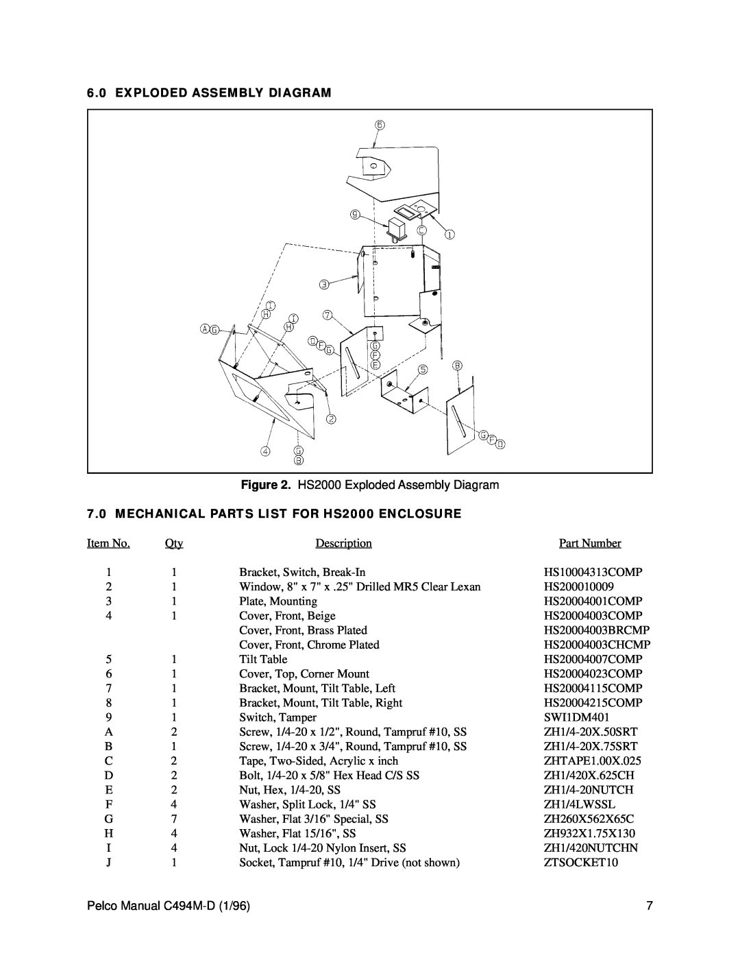 Pelco MECHANICAL PARTS LIST FOR HS2000 ENCLOSURE, HS2000 Exploded Assembly Diagram, Pelco Manual C494M-D1/96 