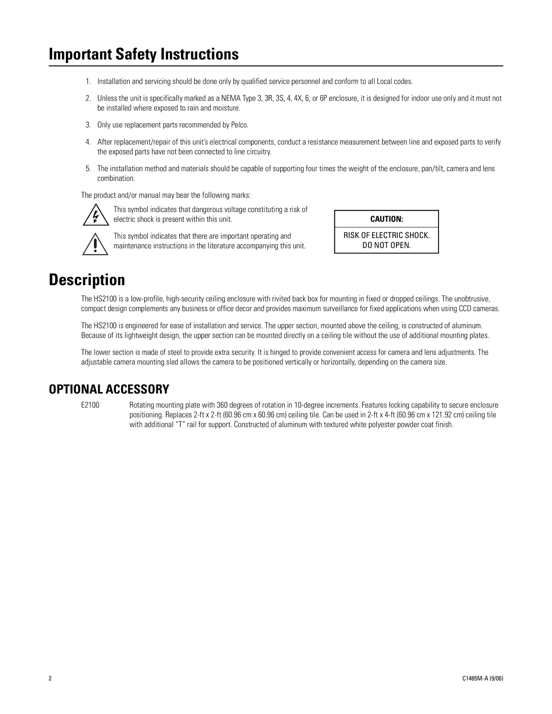 Pelco HS2100 manual Important Safety Instructions, Description, Optional Accessory, E2100 