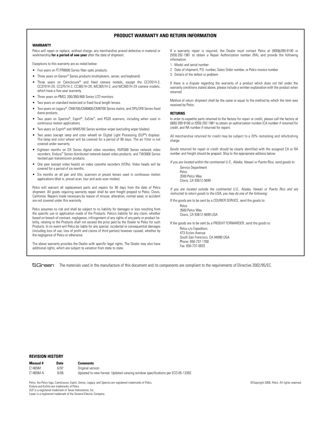 Pelco HS2100 Service Department Pelco Pelco Way Clovis, CA, Fax, Manual # Date Comments, C1465M Original version C1465M-A 