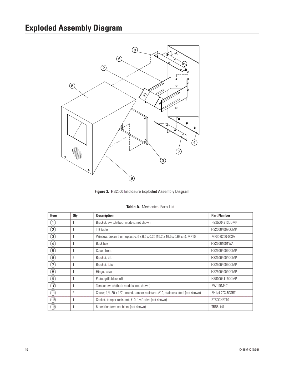 Pelco hs2500 manual Exploded Assembly Diagram, Qty Description Part Number 