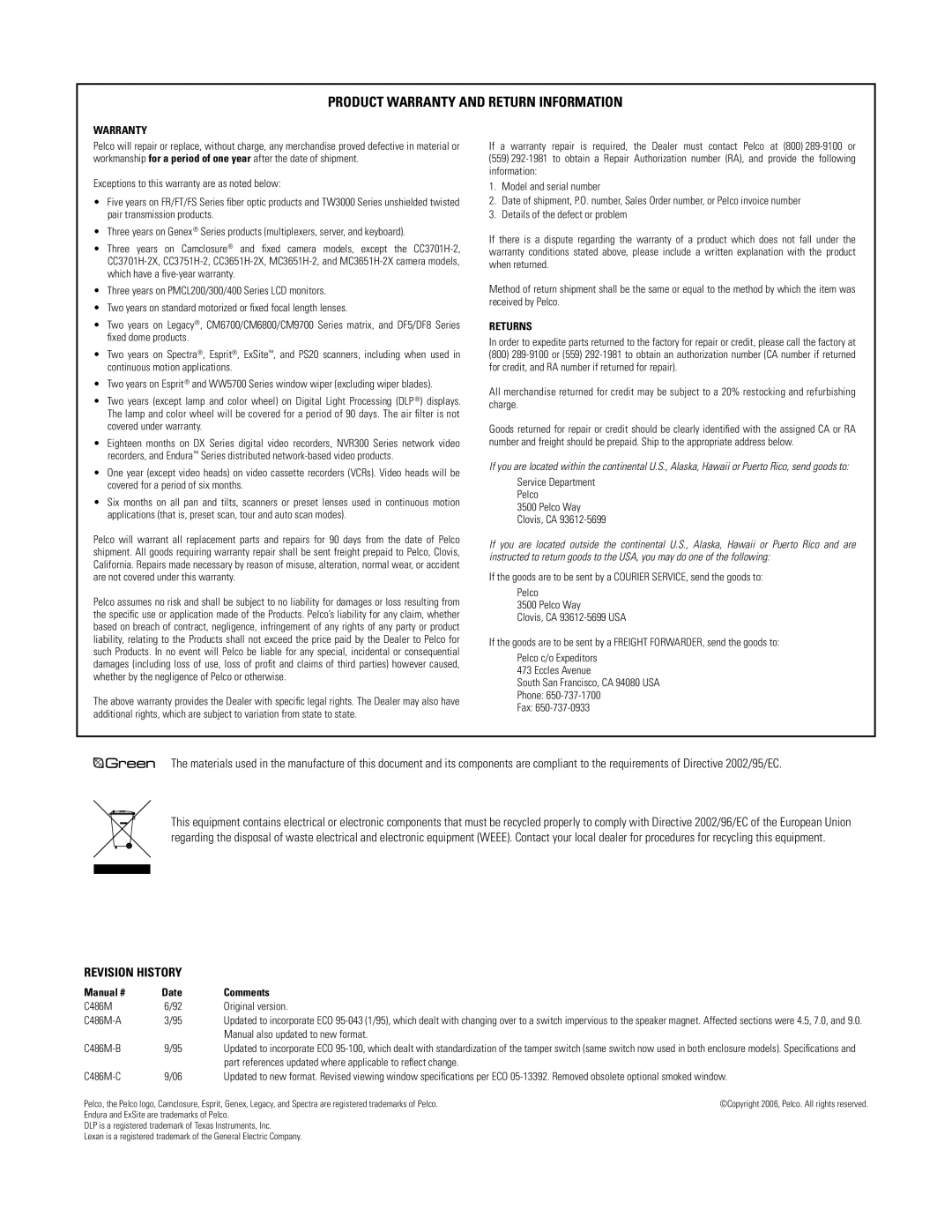 Pelco hs2500 manual Product Warranty and Return Information 