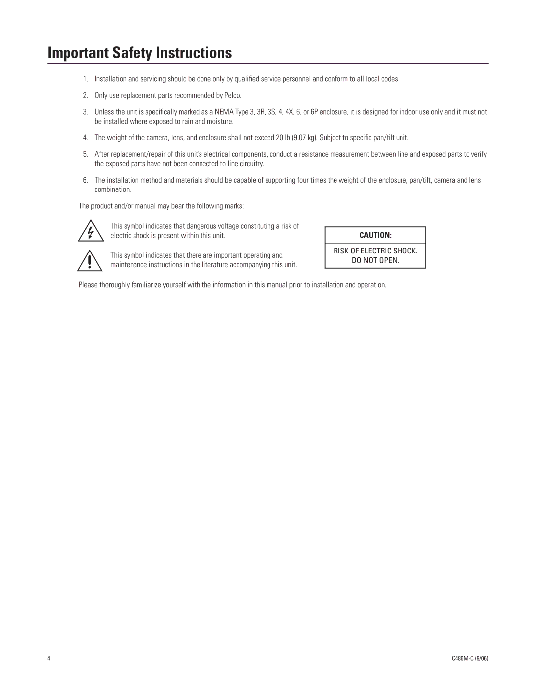 Pelco hs2500 manual Important Safety Instructions, Risk of Electric Shock Do not Open 