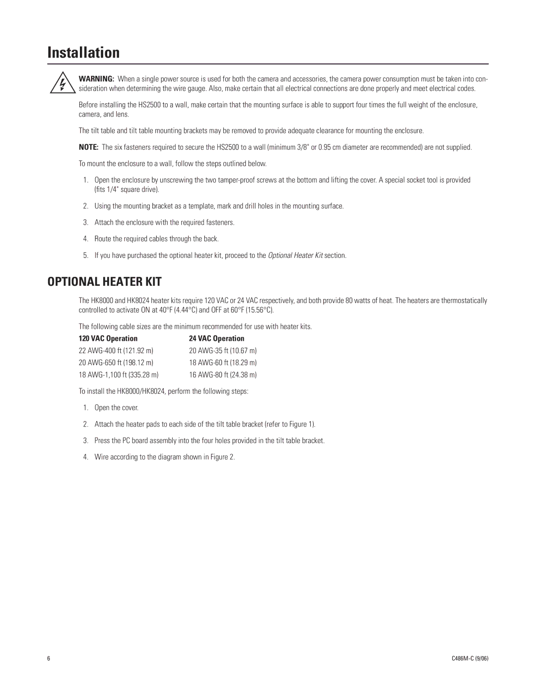 Pelco hs2500 manual Installation, Optional Heater KIT 