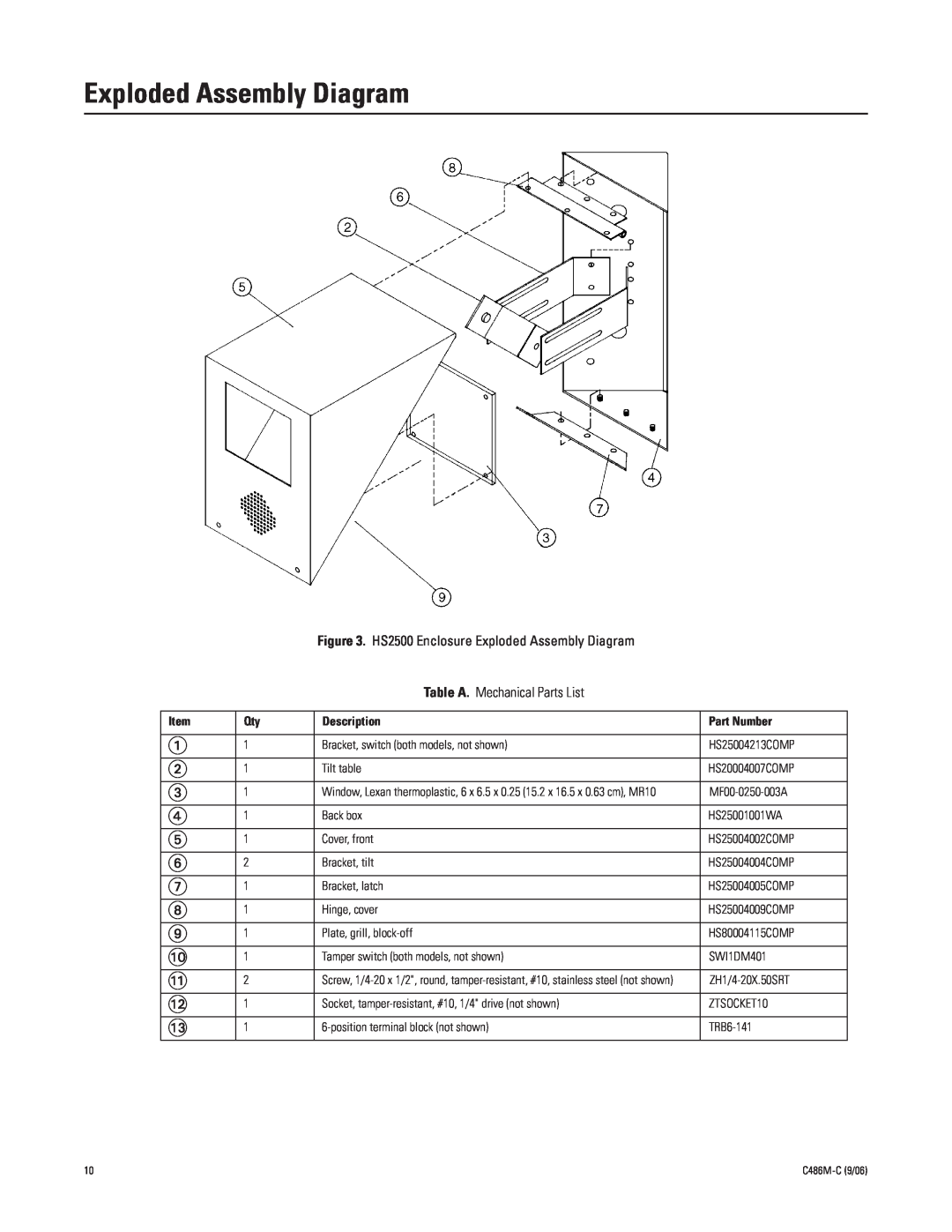 Pelco hs2500 manual Exploded Assembly Diagram, Table A. Mechanical Parts List, Description, Part Number 