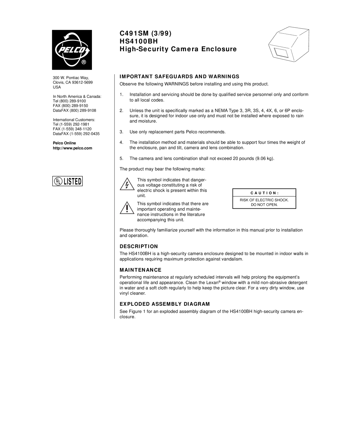 Pelco HS4100BH manual Important Safeguards and Warnings, Description, Maintenance, Exploded Assembly Diagram 