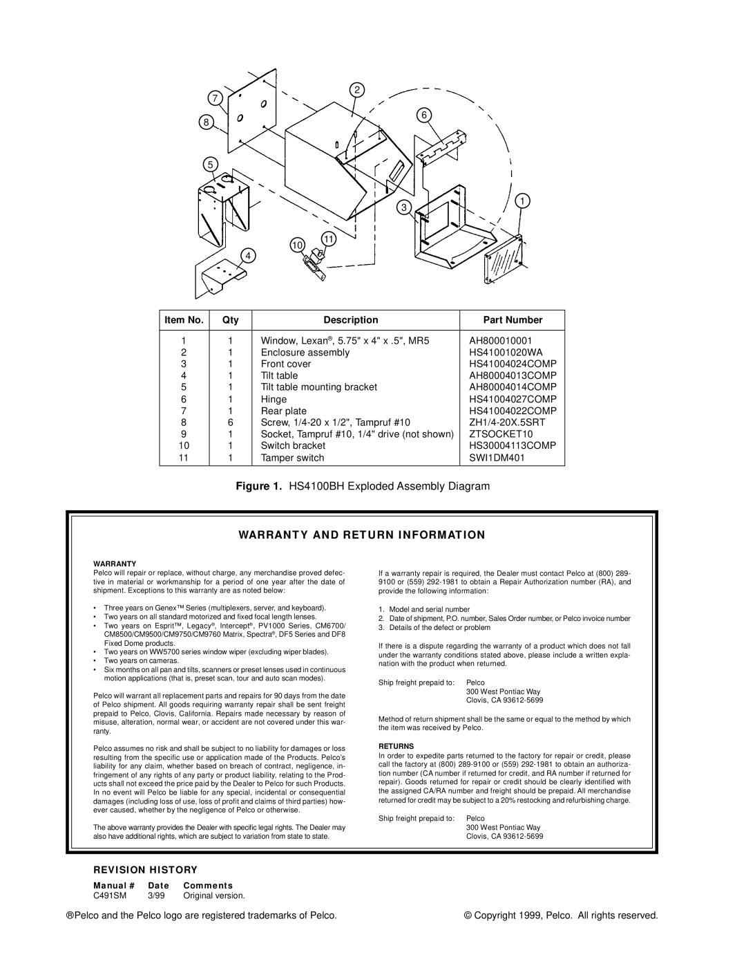 Pelco HS4100BH manual Warranty and Return Information, Returns 