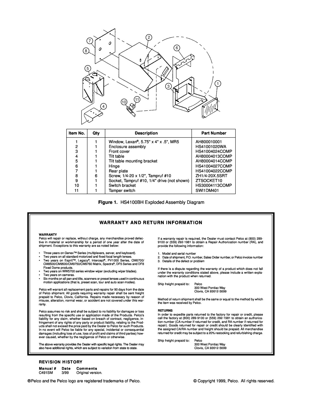 Pelco manual Warranty And Return Information, HS4100BH Exploded Assembly Diagram, Item No, Description, Part Number 