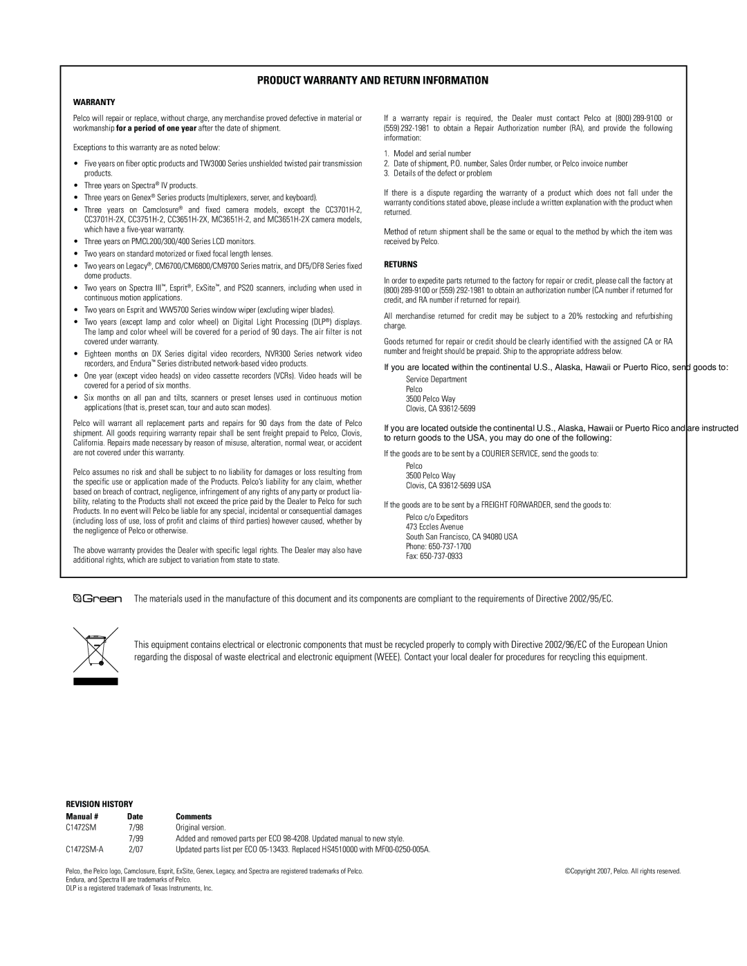 Pelco HS4514 manual Product Warranty and Return Information 