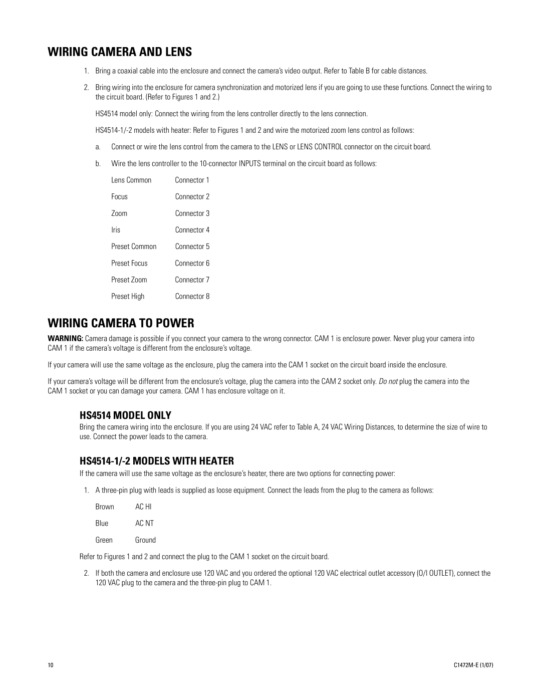Pelco HS4514 manual Wiring Camera and Lens, Wiring Camera to Power 