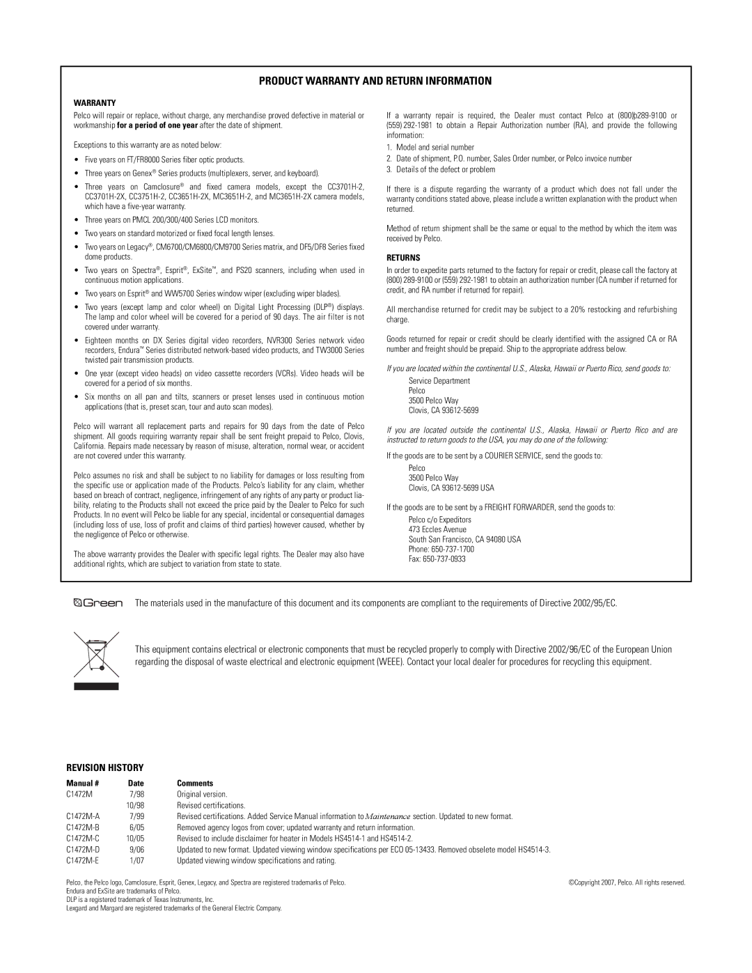 Pelco HS4514 manual Product Warranty and Return Information 