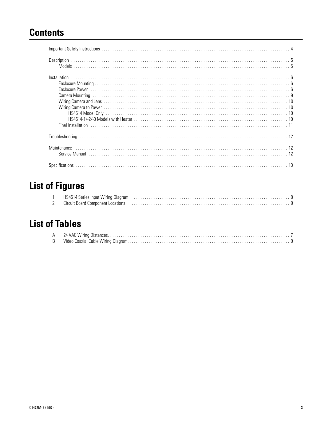 Pelco HS4514 manual Contents, List of Figures, List of Tables 