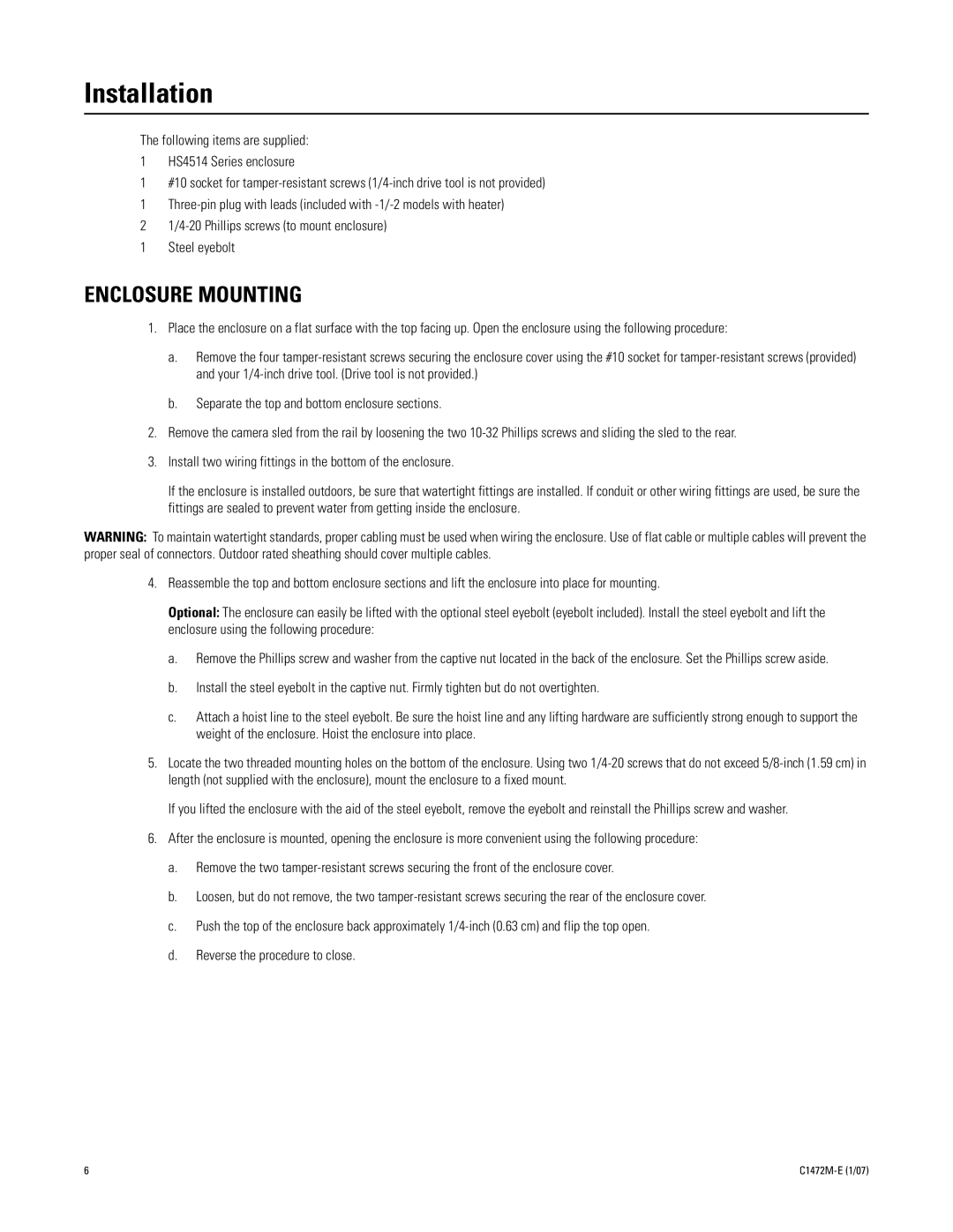 Pelco HS4514 manual Installation, Enclosure Mounting 