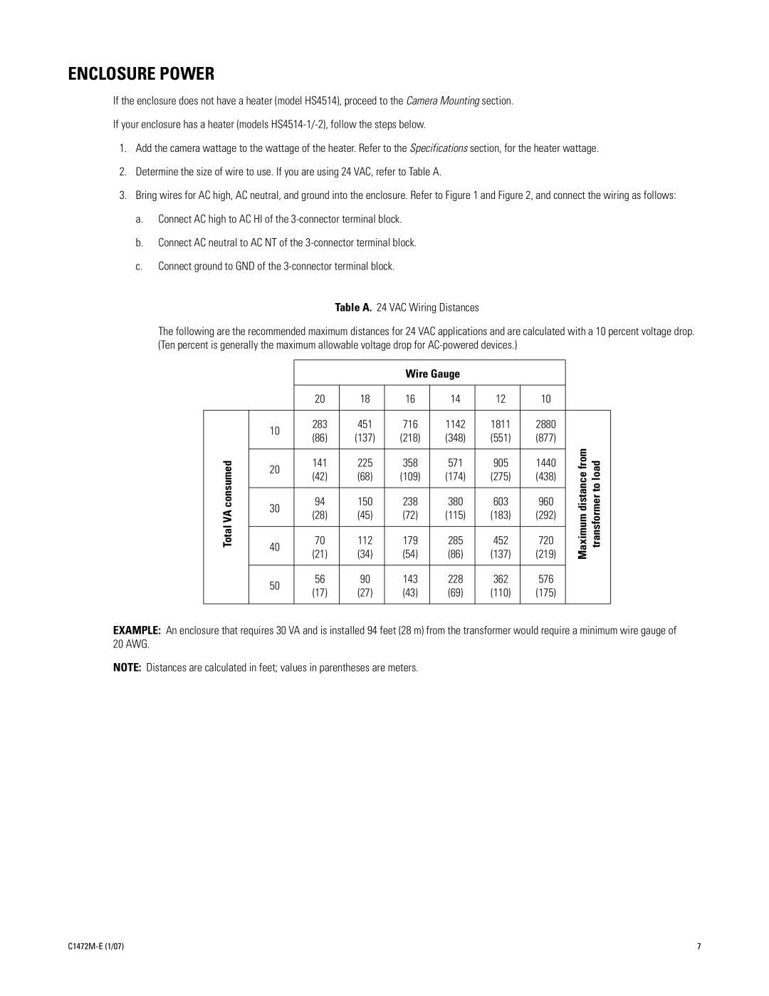 Pelco HS4514 manual Enclosure Power, Wire Gauge 