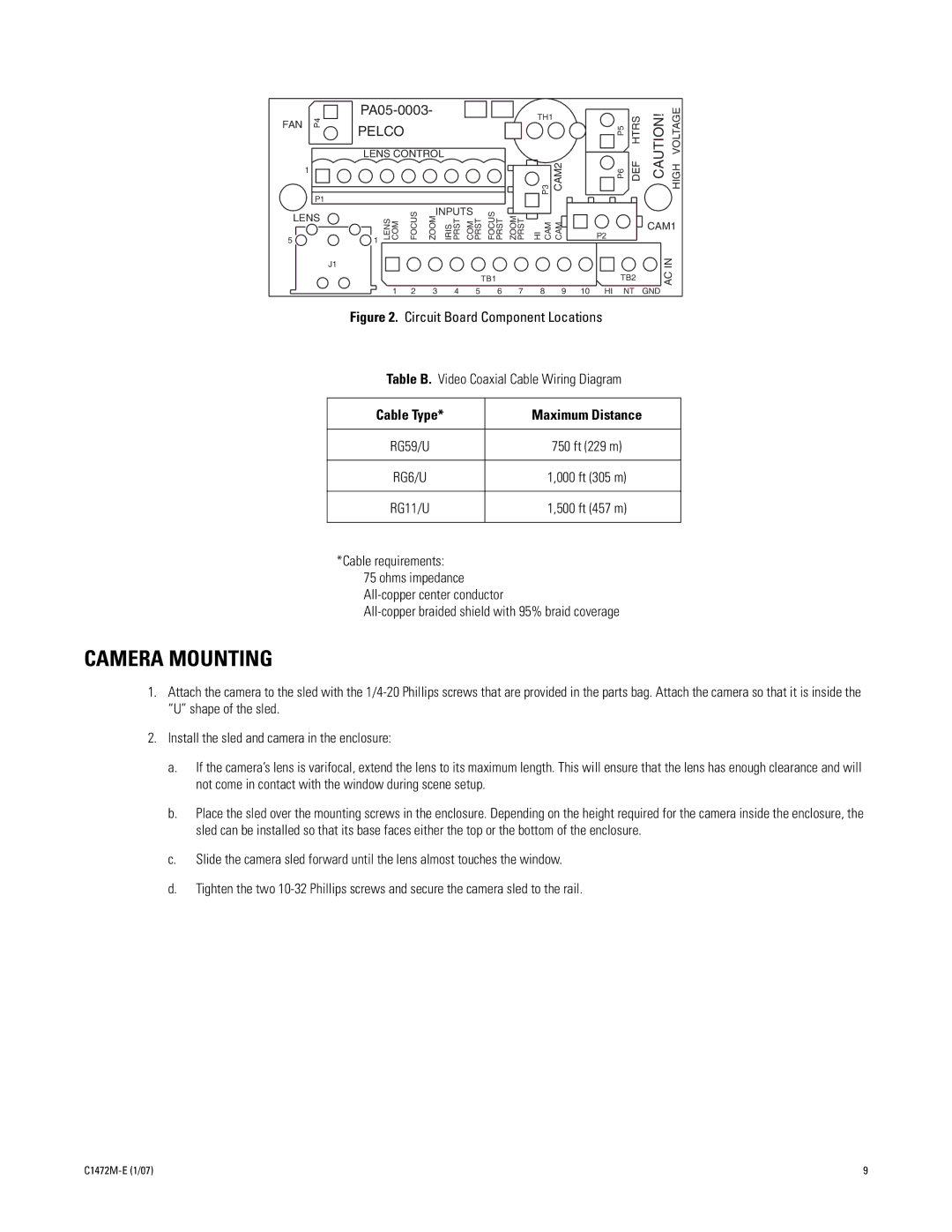 Pelco HS4514 manual Camera Mounting, Pelco 